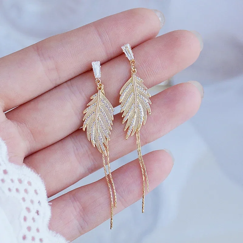 New Trendy 14K Gold Real Plated Tassel Leaves Earrings for Women Temperament Jewelry AAA Zirconia S925 Silver Needle Stud Gift