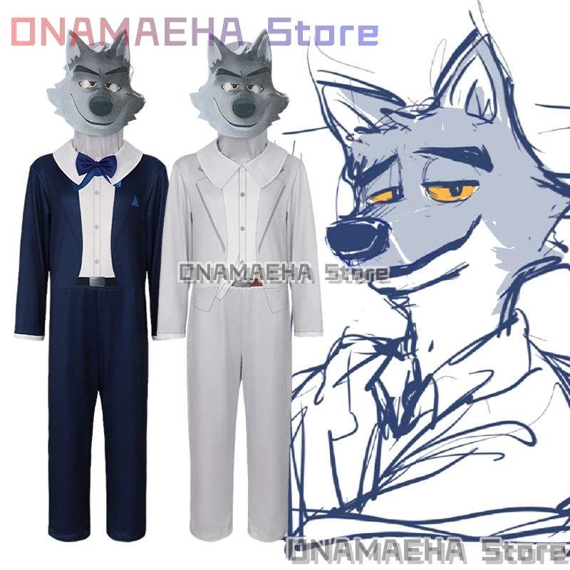 

{ONAMAEHA}Halloween Mr. Wolf Cosplay Bad Guys Costume Blue and White Suit Headgear Full Set Unisex Outfit Anime Movie Uniform
