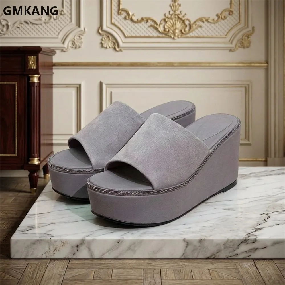 Women's Suede Leather Wedge Heels Slides, Chunky Platform Slippers with Chain Bead Ankle Strap, Comfortable Summer