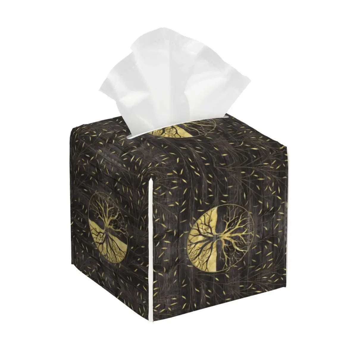 

Custom Golden Tree Of Life On Wooden Texture Tissue Box Cover Square PU Leather Yggdrasil Facial Tissues Holder for Bathroom
