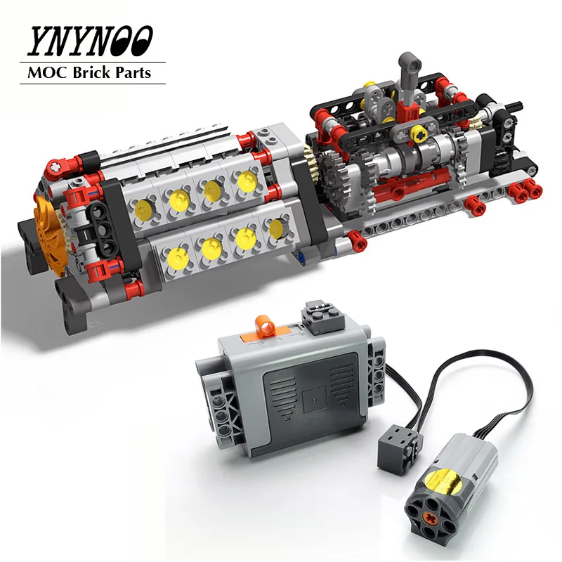 Mechanical Motor Group V16 Cylinder Engine Matched 6 Speed Gearbox MOC Building Bricks Parts Pack Blocks Model DIY Education Toy