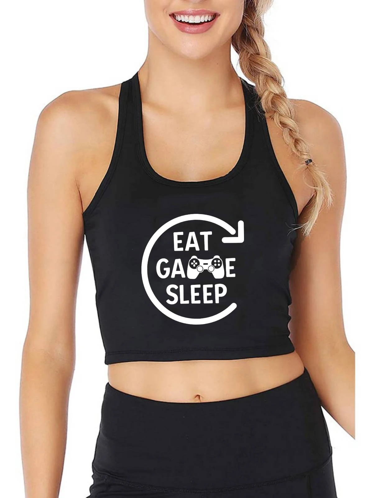 

Eat Sleep Game Repeat Design Breathable Sexy Slim Crop Top Women's Funny Gaming Quotes Gifts Crop Top Gamer Training Camisole