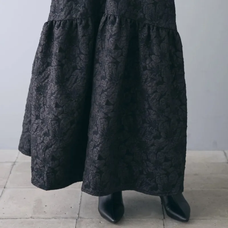 Jupe Jacquard à fleurs noires pour femmes, style vintage, coupe trapèze, taille haute, mi-longue, printemps automne 2025