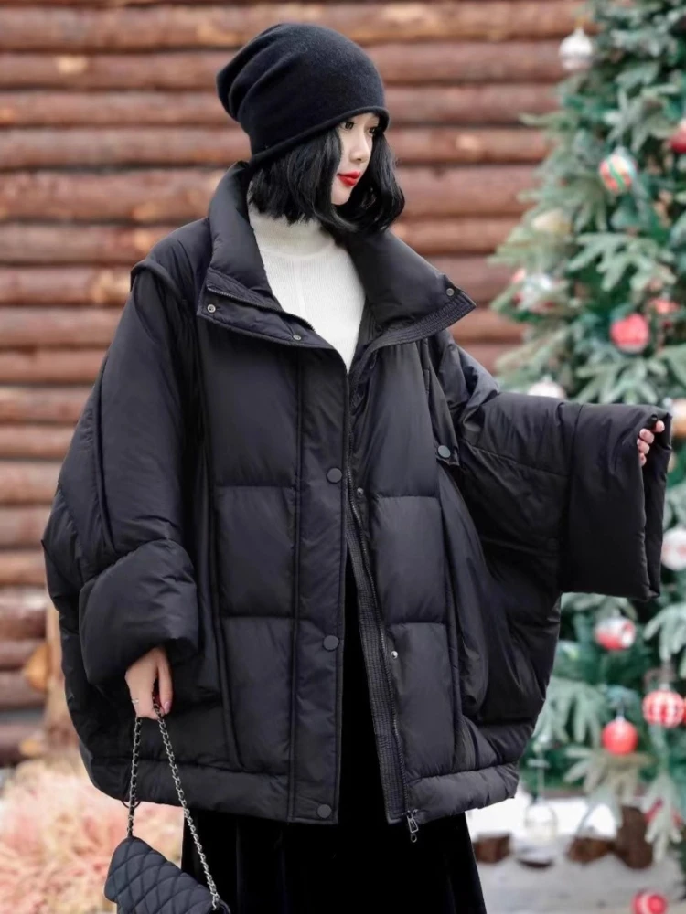 Abrigo acolchado de longitud media de gran tamaño para mujer, Parkas mullidas de nieve para invierno, prendas de vestir con capucha, corte en A, chaqueta gruesa holgada de plumón de pato 90, novedad de 2025