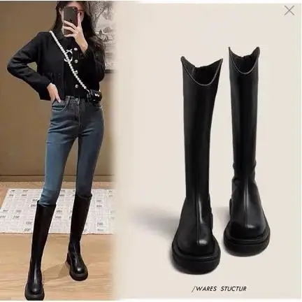 Women's Long Tube Boots Autumn Winter New Thick Bottom Wide Calf V-Notch High Tube Knight Boots Fleece Lined Casual Style