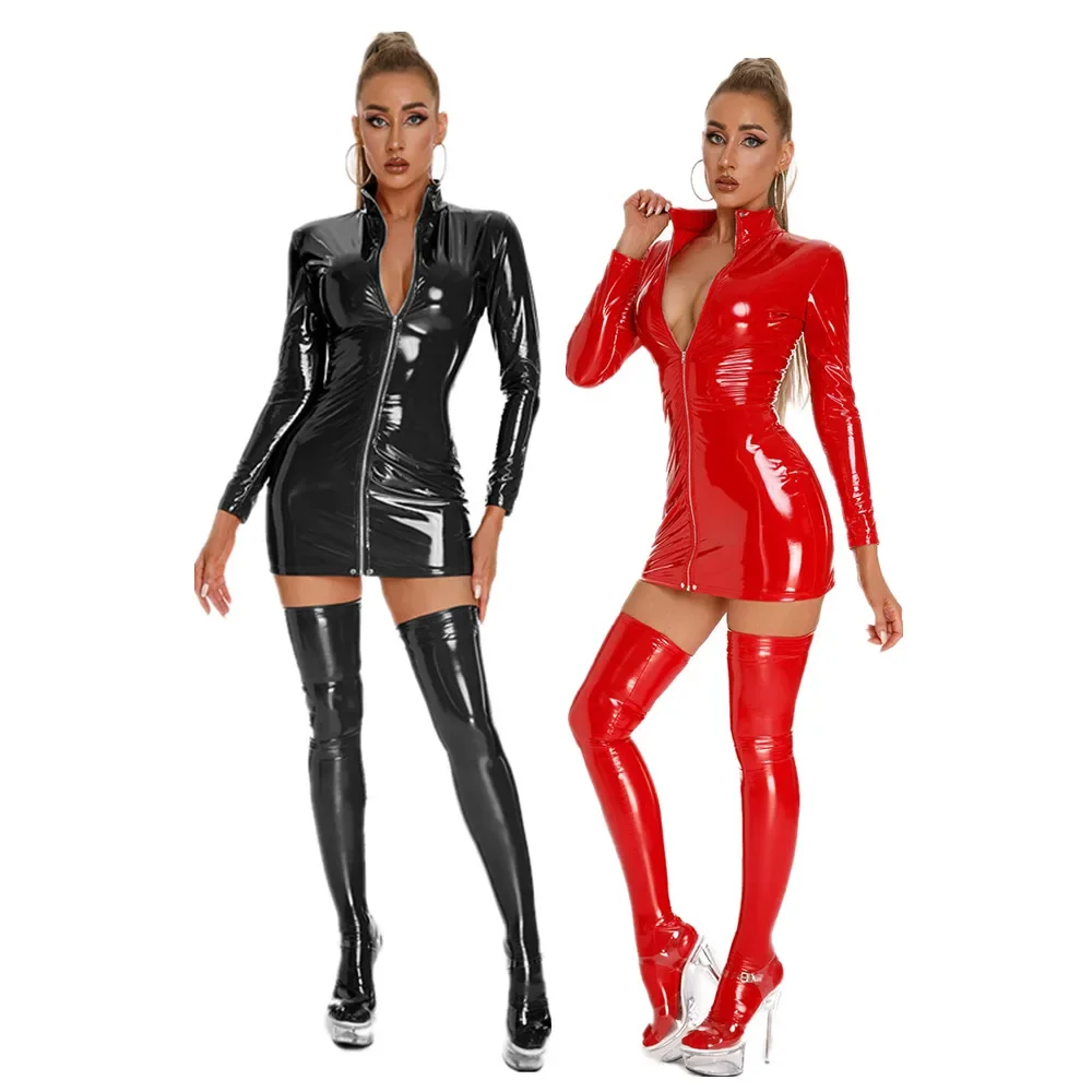 Sexy Women Long Sleeved Wetlook PVC Latex Zipper Pack Hip Erotic Dress EXotic Party Clubwear Faux Leather Pole Dance Costume