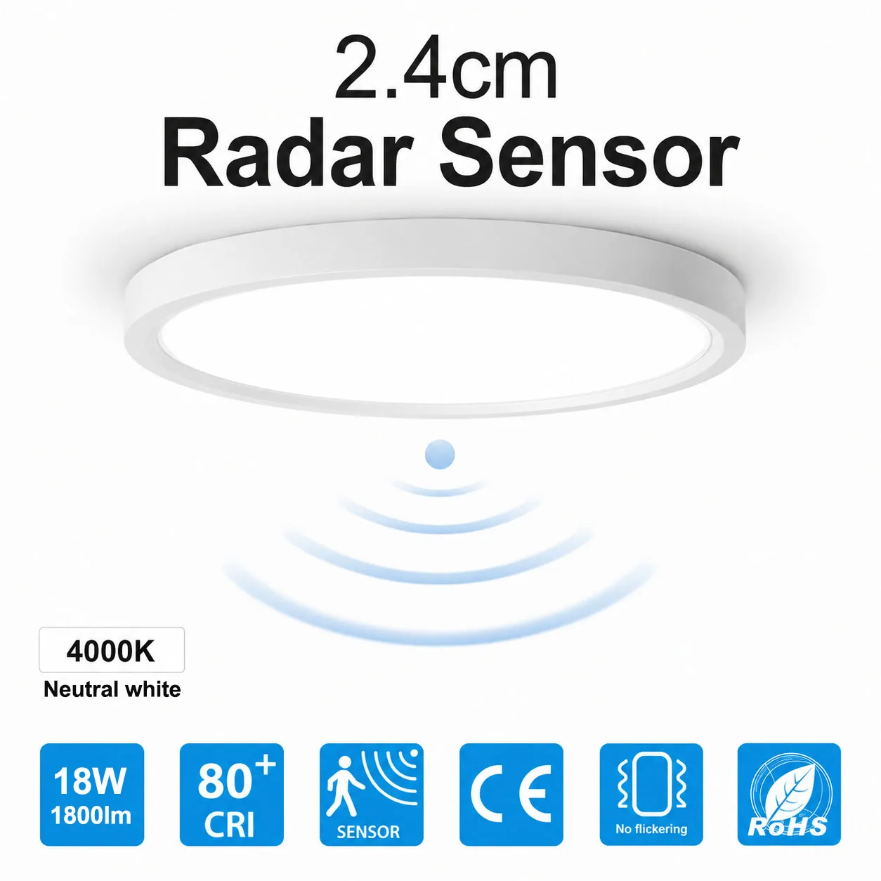 LED-Deckenleuchte mit Radar-Bewegungssensor, 18W 1800LM IP44 4000K Neutralweiß, Ultraflach Ø23cm für Flur, Treppe, Keller