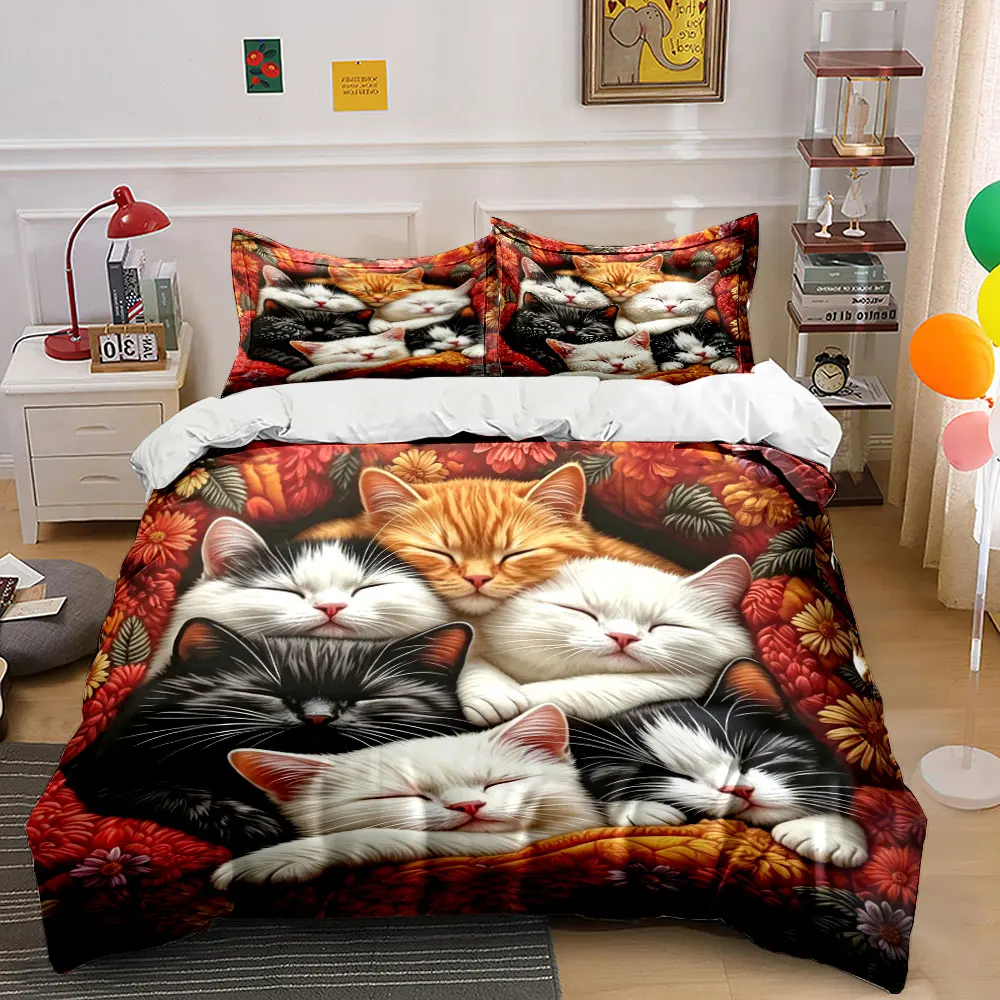 

Cat Bedding Set Cartoon Duvet Cover Set Flowers Comfor Cover Bedroom Decor Guest Room 3pcs(1 Duvet Cover + 2 Pillow)