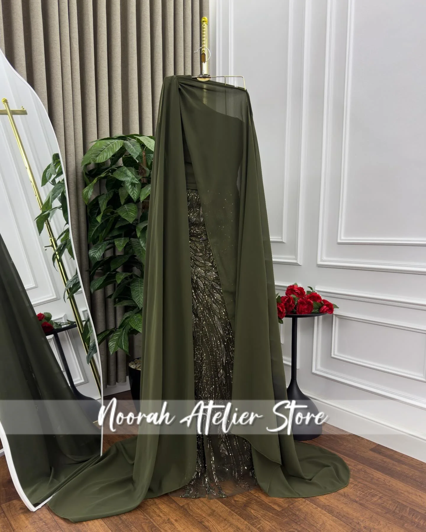 Vestido de noche lujoso de cristal de Arabia Saudita, capa de manga larga de tul verde, vestido de novia negro 2025, vestido largo de graduación personalizado