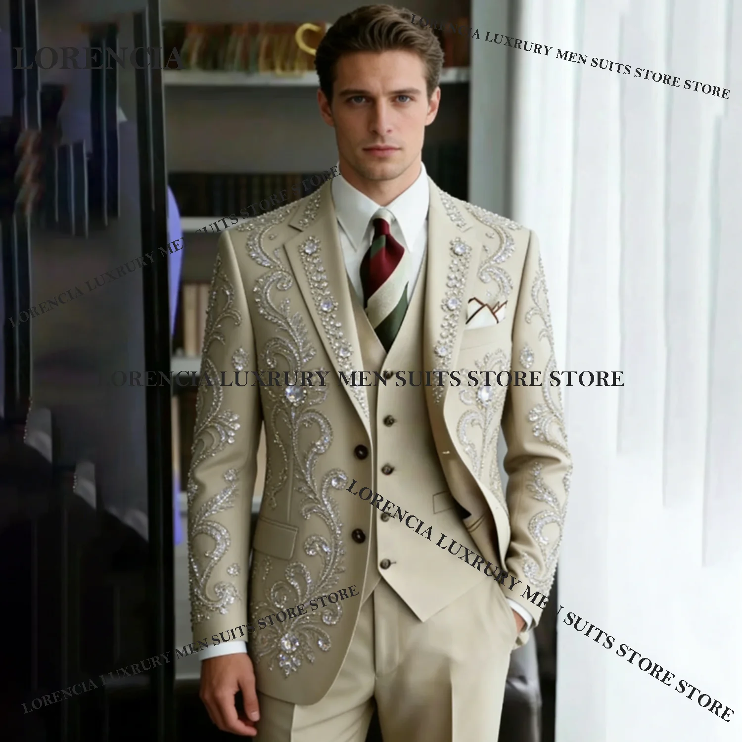 

Customized Luxury Embroidery Men suits For Wedding Groom Sequin Diamond Male Prom Party Elegant Blazer 3 Pieces Set Tuxedos Slim