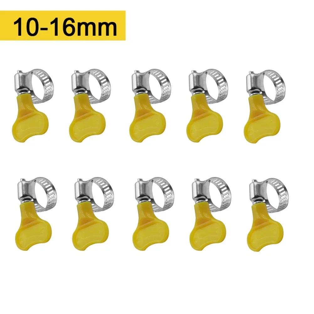 10PCS 10-38mm Adjustable Yellow Plastic Handle Hand Twist-Hose Clamps Worm Driving 10-38mm Stainless Steel Butterfly Pipe Clips