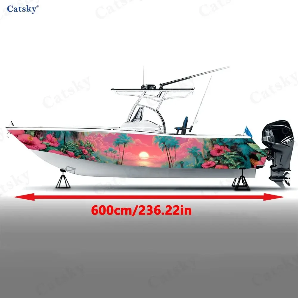 Pink Tone Tropical Sunset Boat Stickers, PVC Waterproof Durable Vinyl Wrap Decals for Fishing Boats, Durable and Stylish Design