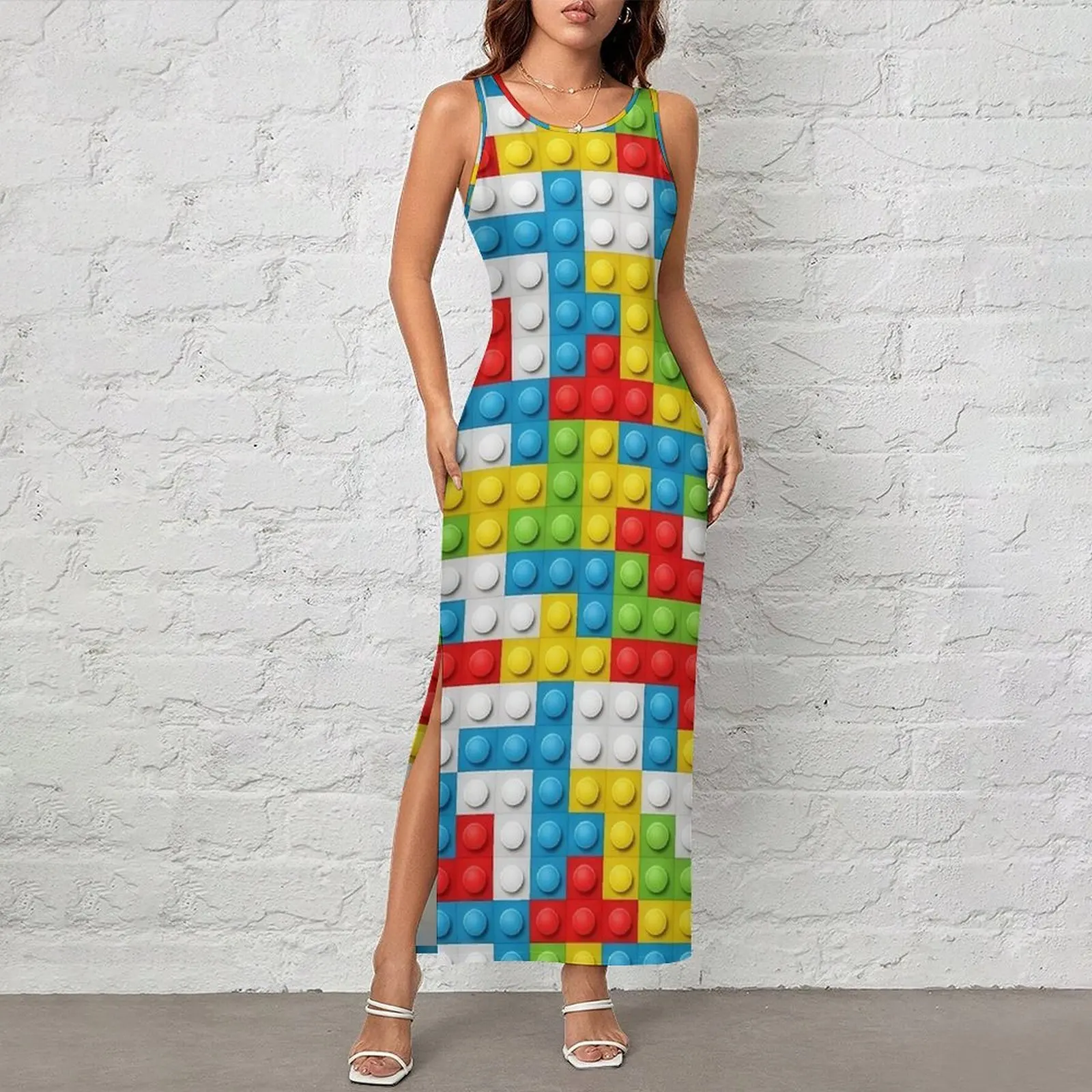 Pastel Multicolor Building Blocks Bodycon Dress Holiday Trendy Maxi Dresses Women Sleeveless Pattern Streetwear Dress Large Size