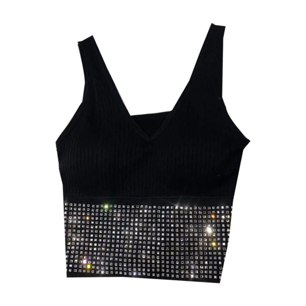 Summer Crop Top Women With Rhinestones O-neck Sleevelss Cropped Feminino Camisole Vest Sexy Knit Backness No Rims Tee Top Corset