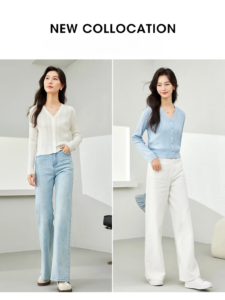 Vimly Wool Blend V-neck Knitted Cardigan Woman 2024 Spring New Light Blue Elegant Soft Knit Sweater Coat Female Knitwear 72792