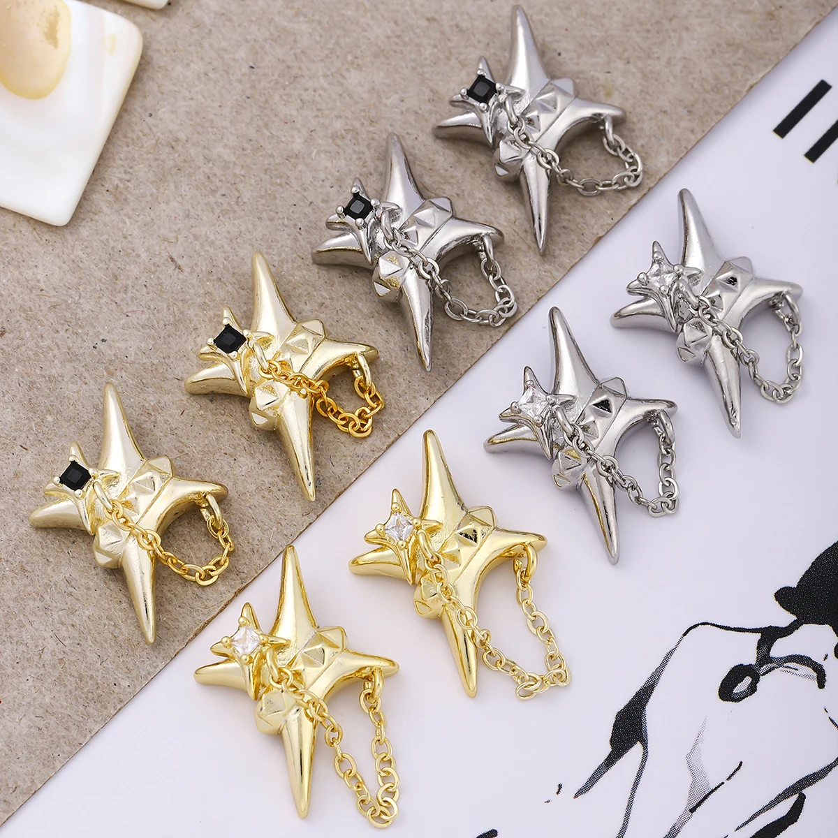 4 gold and silver stereo star chain pendant nail decoration, European and American style y2k metal diamond simple nail drill