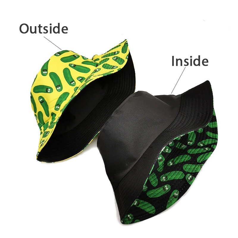 Bocca Cucumber Print Bucket Hat Cartoon Panama Fisherman Hats Unisex Men Women Double Sides Reversible Outdoor Sunscreen Cap