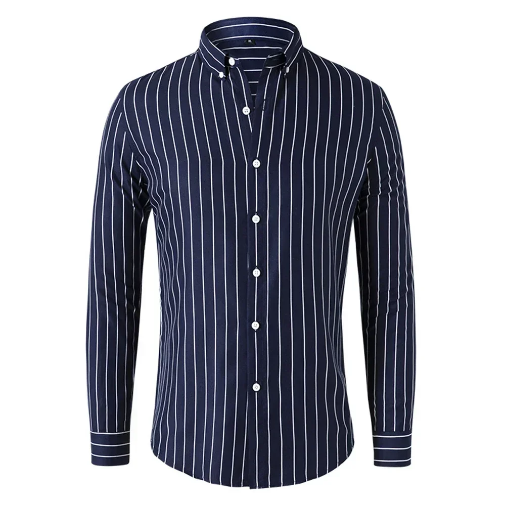 New Mens Long Sleeve Striped Button Shirt Business Baggy Tops Casual Flip Collar Shirt Tight Formal Breathable Solid Male Shirts