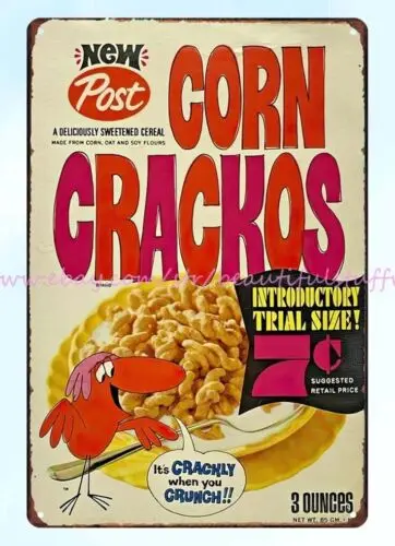 pub studio 1960 New Post Corn crackos cereal childhood memory metal tin sign