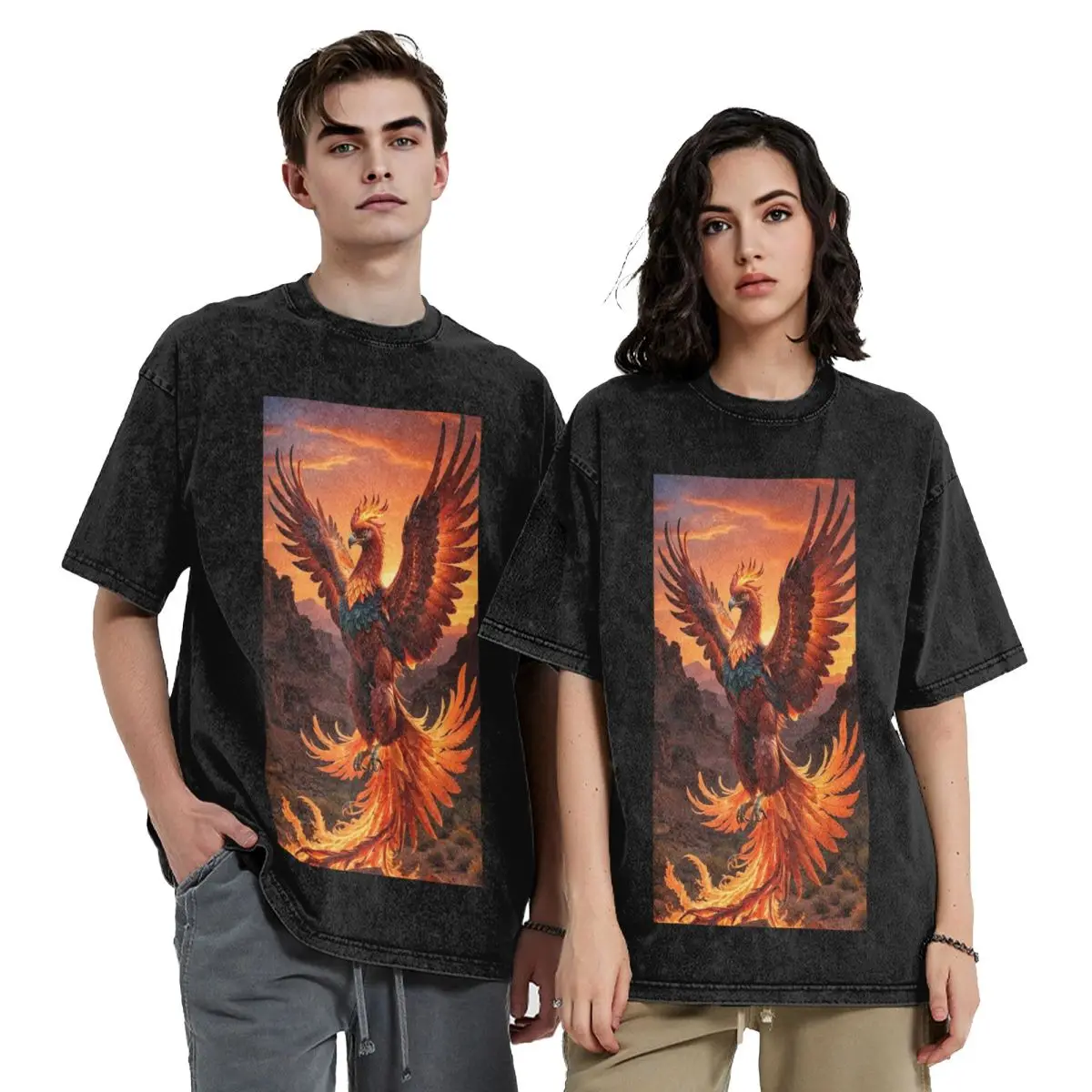 Phoenix Mythical Bird With Fiery Wings Washed T Shirts Printed Short Sleeve Hip Hop T-Shirt Streetwear Tops Tees for Men Women