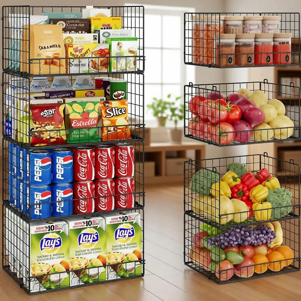 

Складные проволочные корзины для кладовой, большие органайзеры для хранения, контейнеры для фруктов и овощей, для кухонных шкафов/столешниц