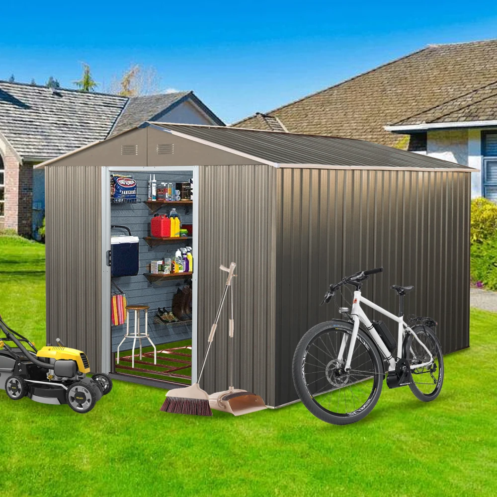 

8x10ft Outdoor Metal Storage Shed with metal foundation Gray