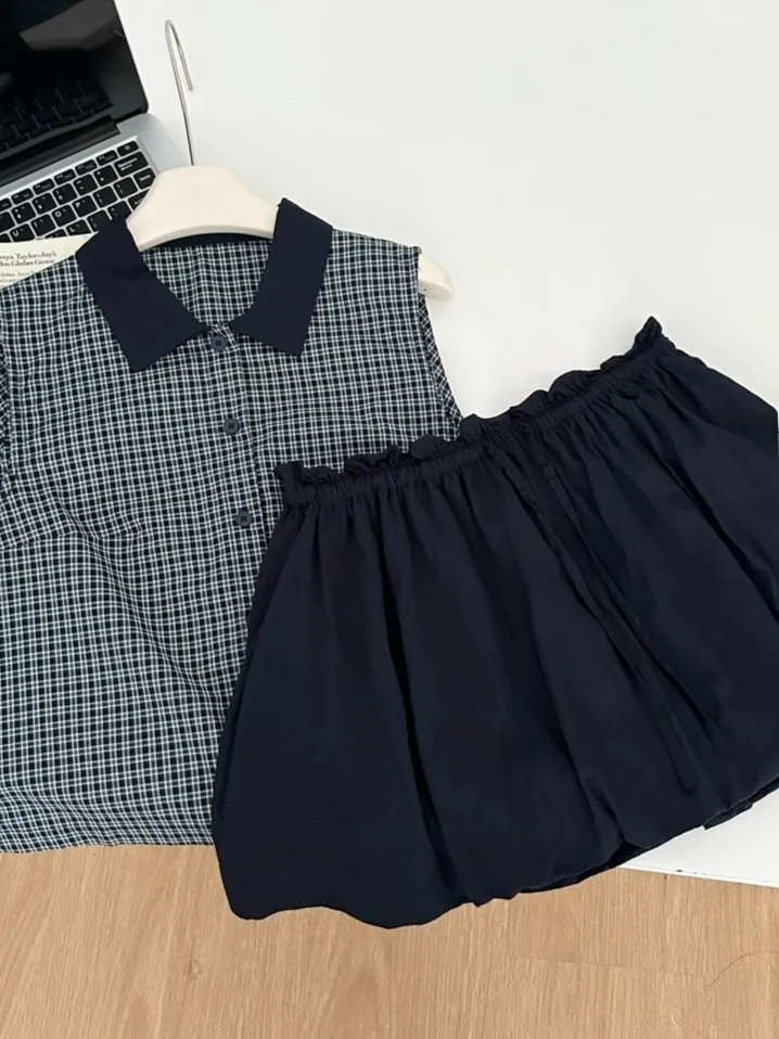 

Summer Women's Sweet Retro Svel Plaid irt And High Waist Flud Skirt Two Piece Set College Sle Faion