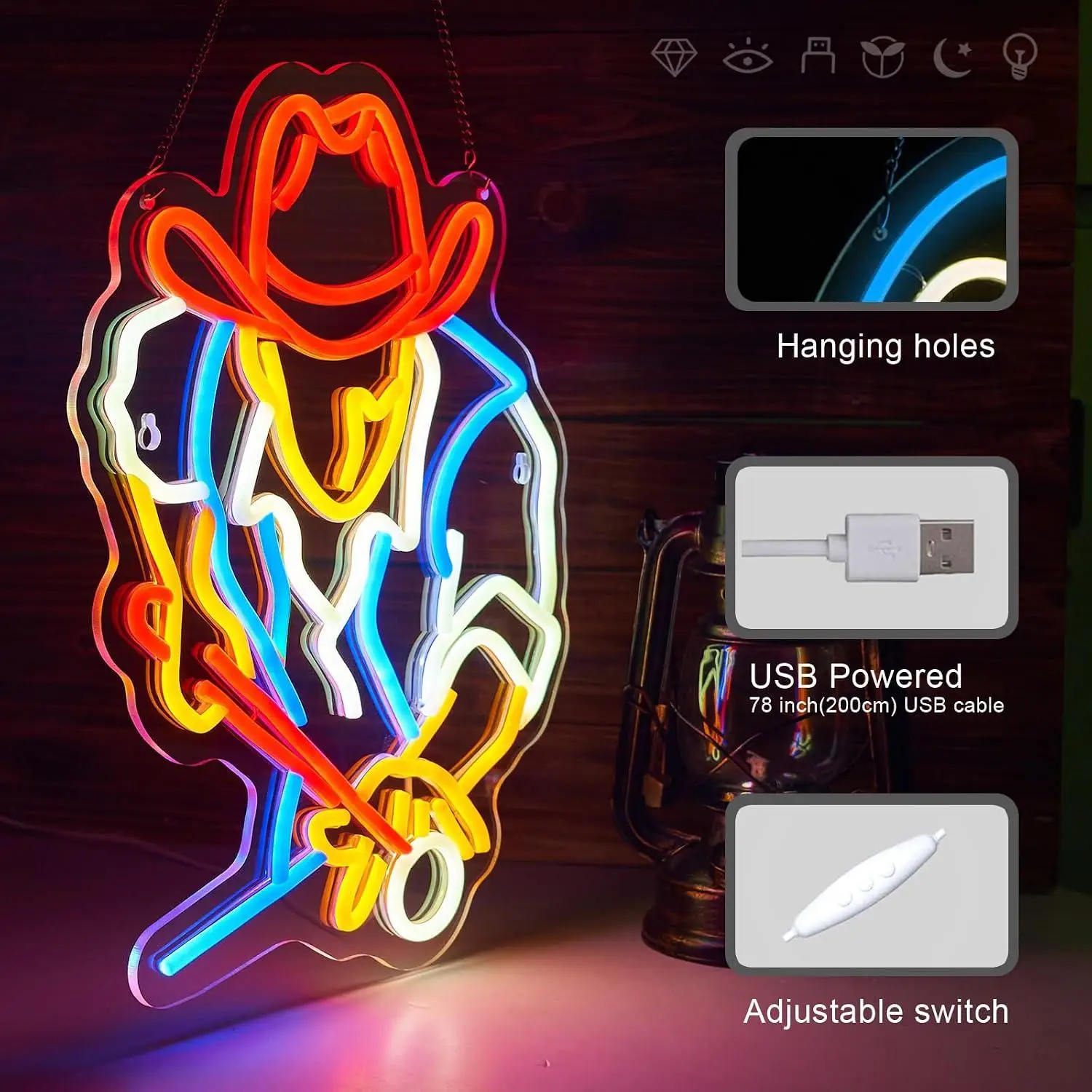 Cowboy Playing Pool Billiards Neon Sign USB Dimmable LED Neon Light for Game Room Man Cave Bar Pub Western Style Wall Decoration