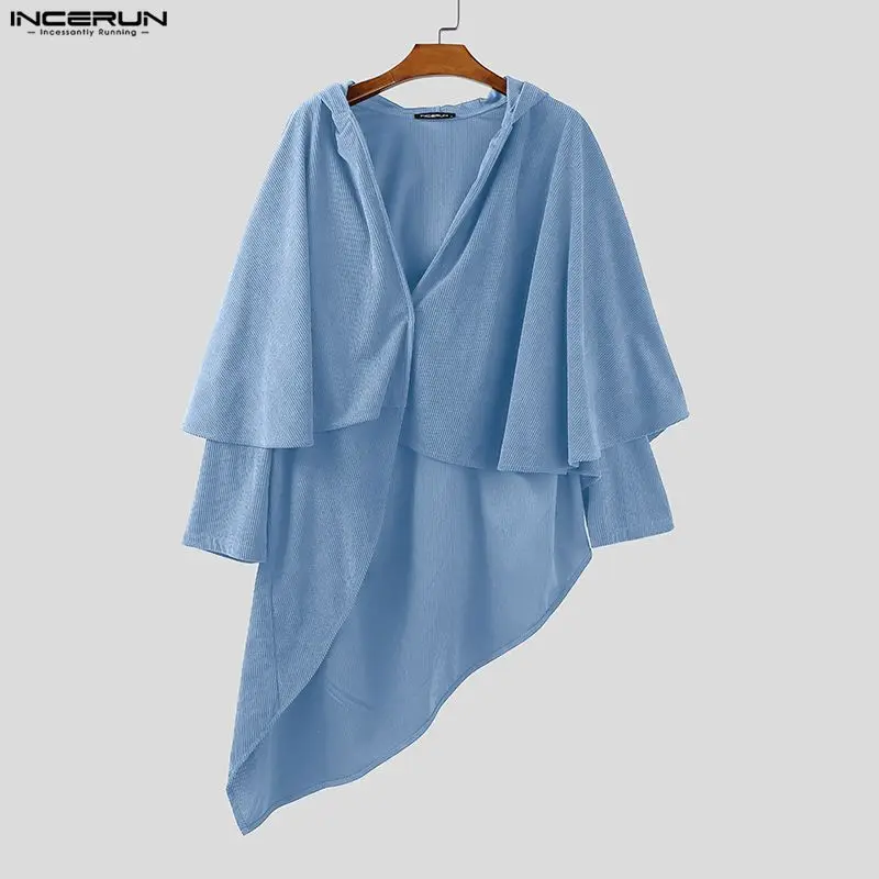 INCERUN Męski Długi Płaszcz Peleryna Jednolity Kolor z Kapturem Długi Rękaw Nieregularne Płaszcze Męskie Streetwear Trencz Modne Codzienne Poncho