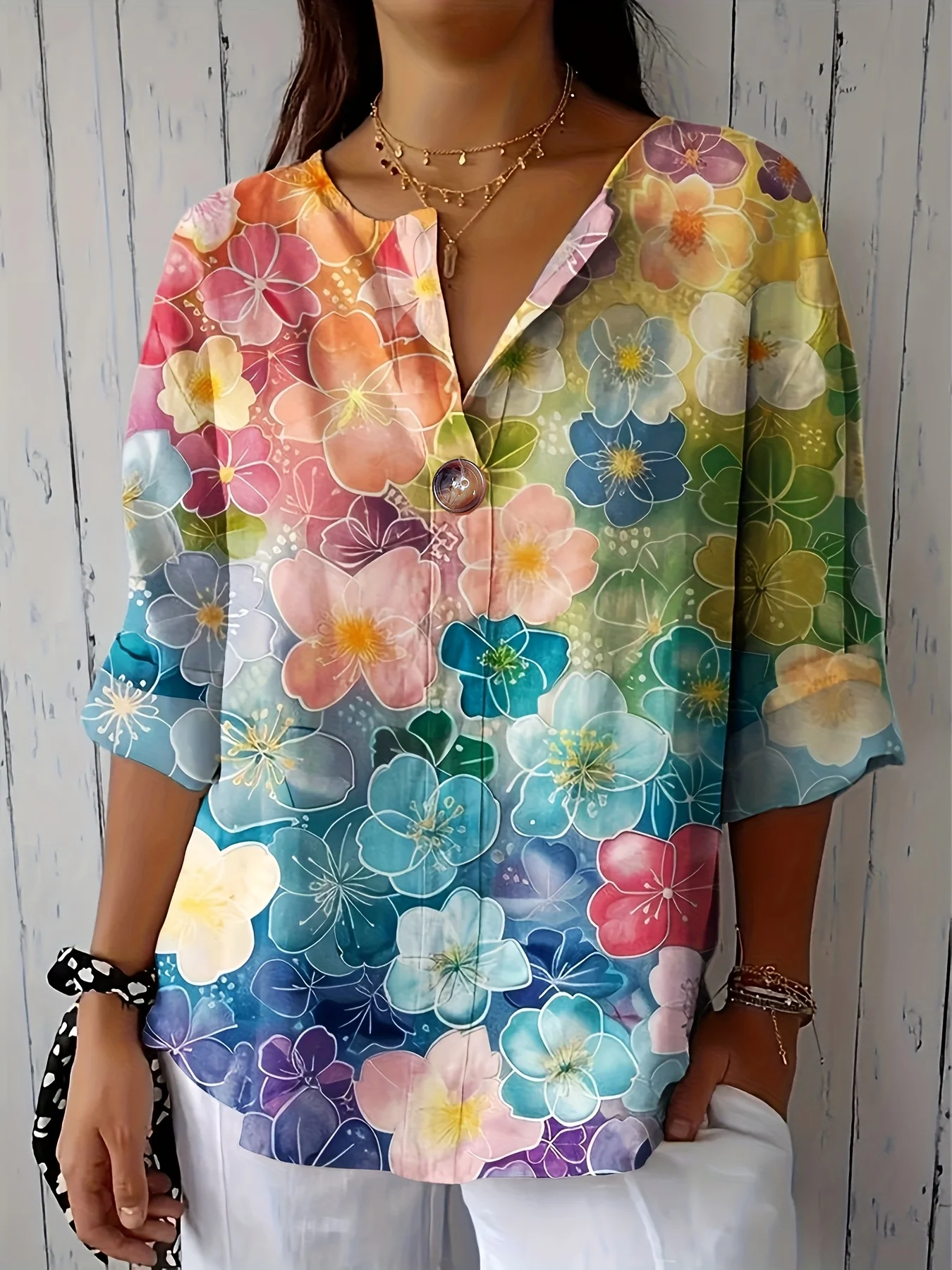 

Women's Fashion Artistic Floral Print Short Sleeve V Neck Button Shirt Tops Women's