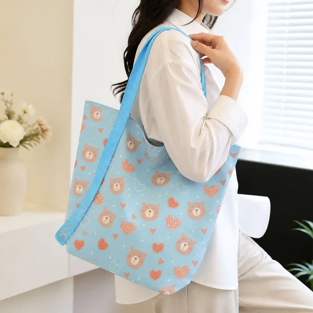 Cartoon Heart Bear Pattern Canvas Bag Large Capacity Lightweight Shoulder Bag Versatile Reusable Lunch Bag Women's Accessories