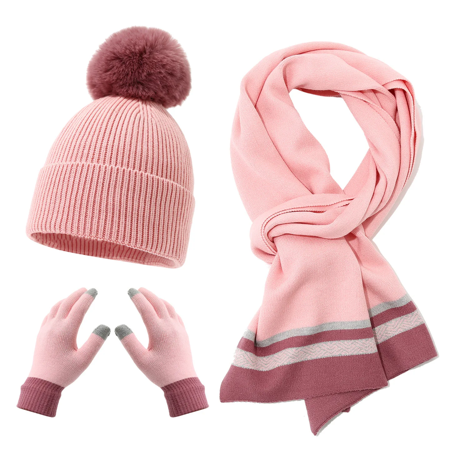 الشتاء المرأة بلون ضوء لوحة الشعر الكرة محبوك هود وشاح قفازات ثلاث قطع مجموعة في الهواء الطلق الكبار مجموعة دافئة