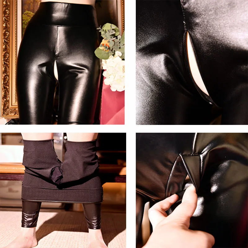 Mirror Bright Leather Pants Women's Clothes Casual Pants Leggings Invisible Open Crotch Bright Tight PU Elastic Thin Sex Pants
