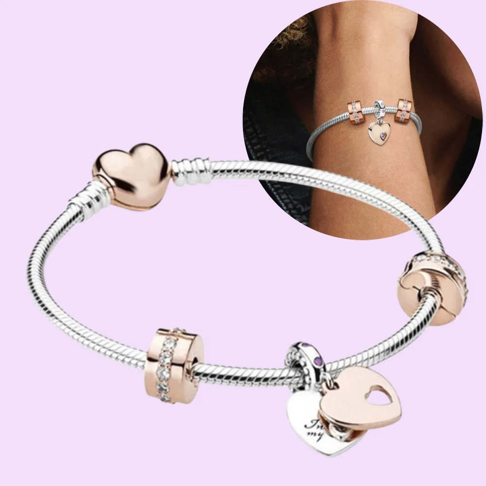 925 Sterling Silver Pandora Style Two Hearts Dangle Charm Bracelet  Set With Cloth Bag for Women Gifts