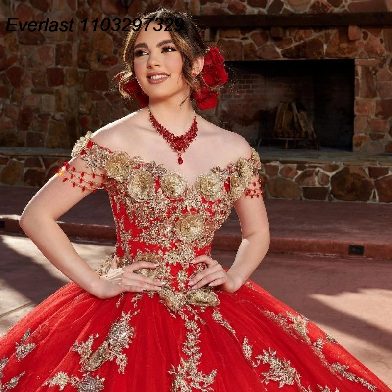 EVLAST Customized Mexican Red Quinceanera Dress Ball Gown Gold Floral Applique Beading Corset Sweet 16 Vestidos De Anos TQD734