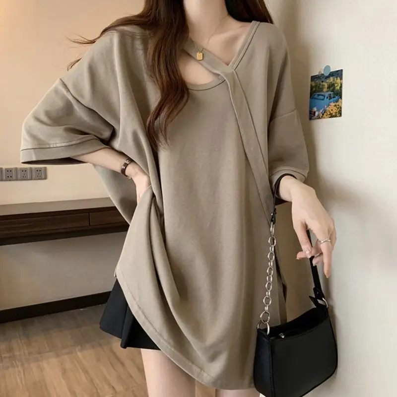 

Large Size Women's Clothing Spring and Summer Best-selling Solid Color Loose and Thin Medium and Long Shoulder Sleeve T-shirt