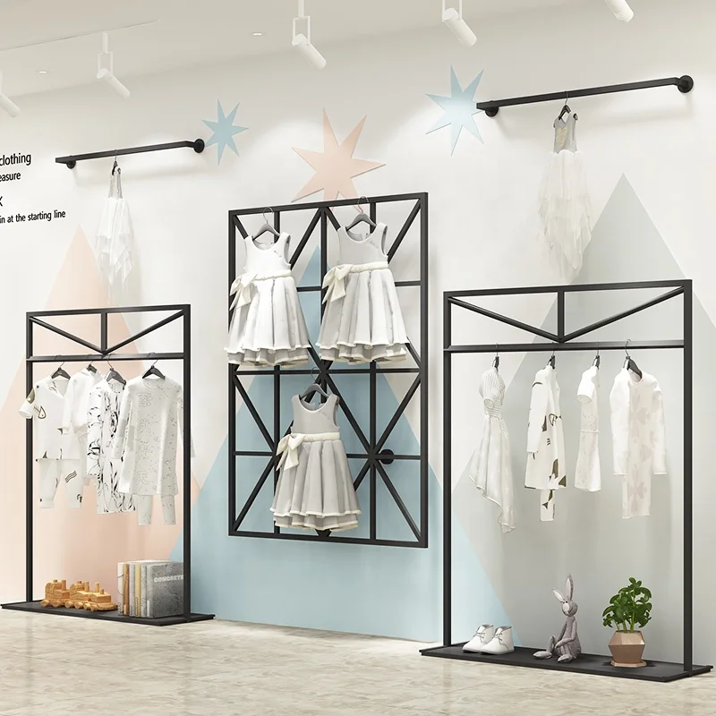 customized.Retail Clothing Store Black Display Rack Shop Child Wall Mounted Clothing Display Rack