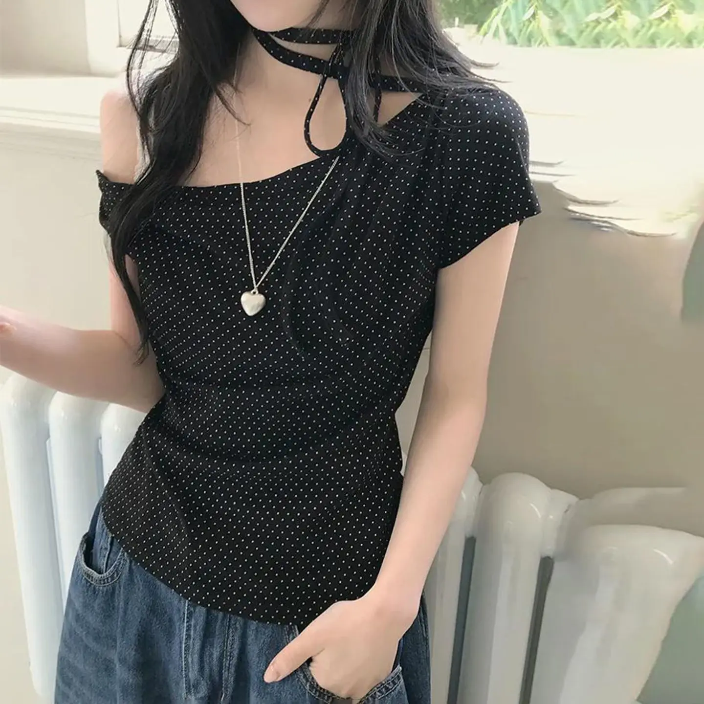 Zhongda Childrens Simple Polka Dot Tie Shoulder Short Sleeve T-Shirt for Women 2026 Summer New Slim Fashionable Stylish Top