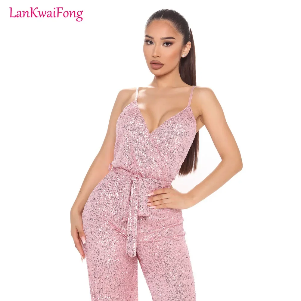 . Autumn Sexy Suspender Sequin Jumpsuit Women Fashion Nightclub Style Sleeveless Lace Up Sequin Jumpsuit Women