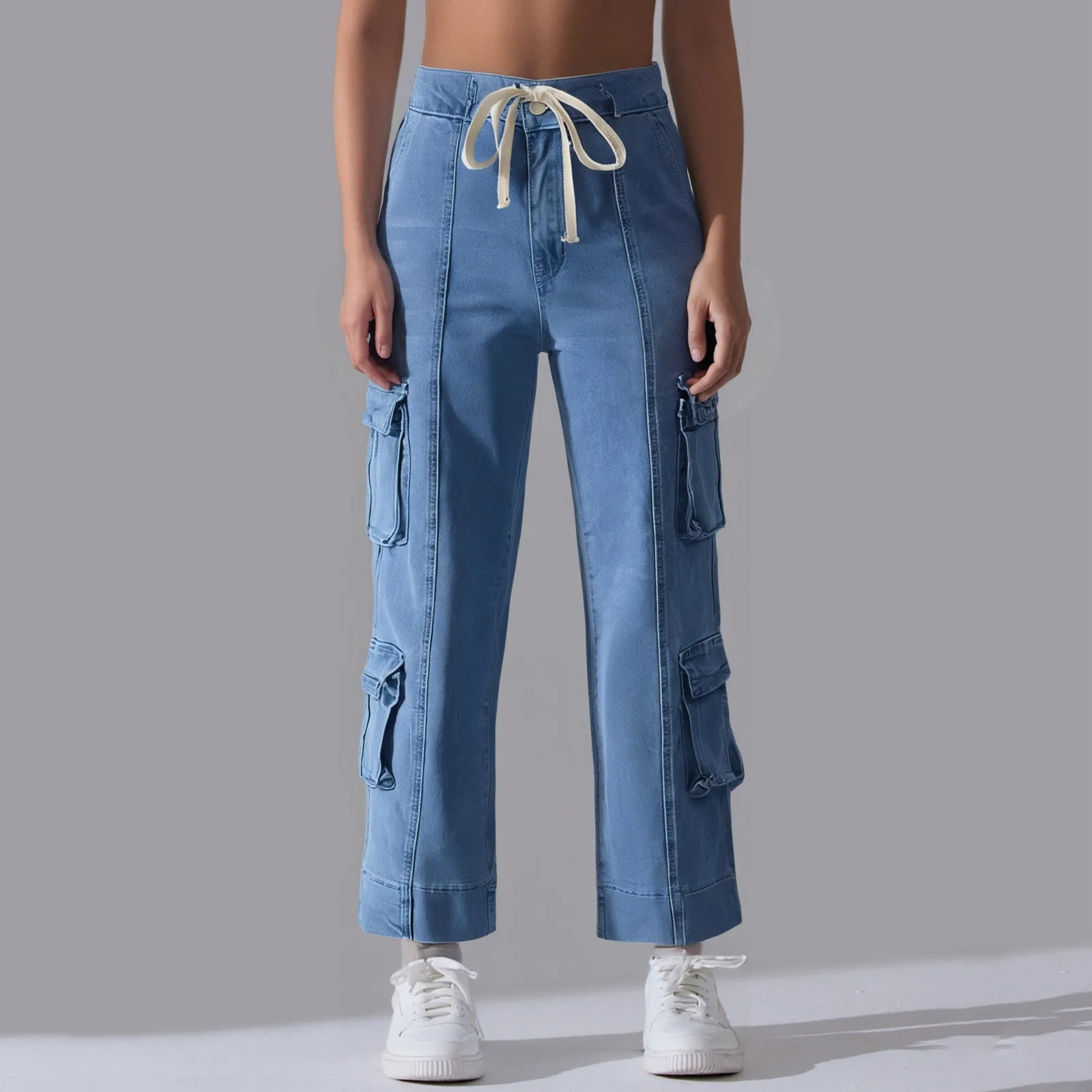 

Washed Work Pants With Multiple Pockets And Lace Up Wide Leg Jeans New Street Washed Overalls Women'S Multi-Pocket Wide-Leg Jean