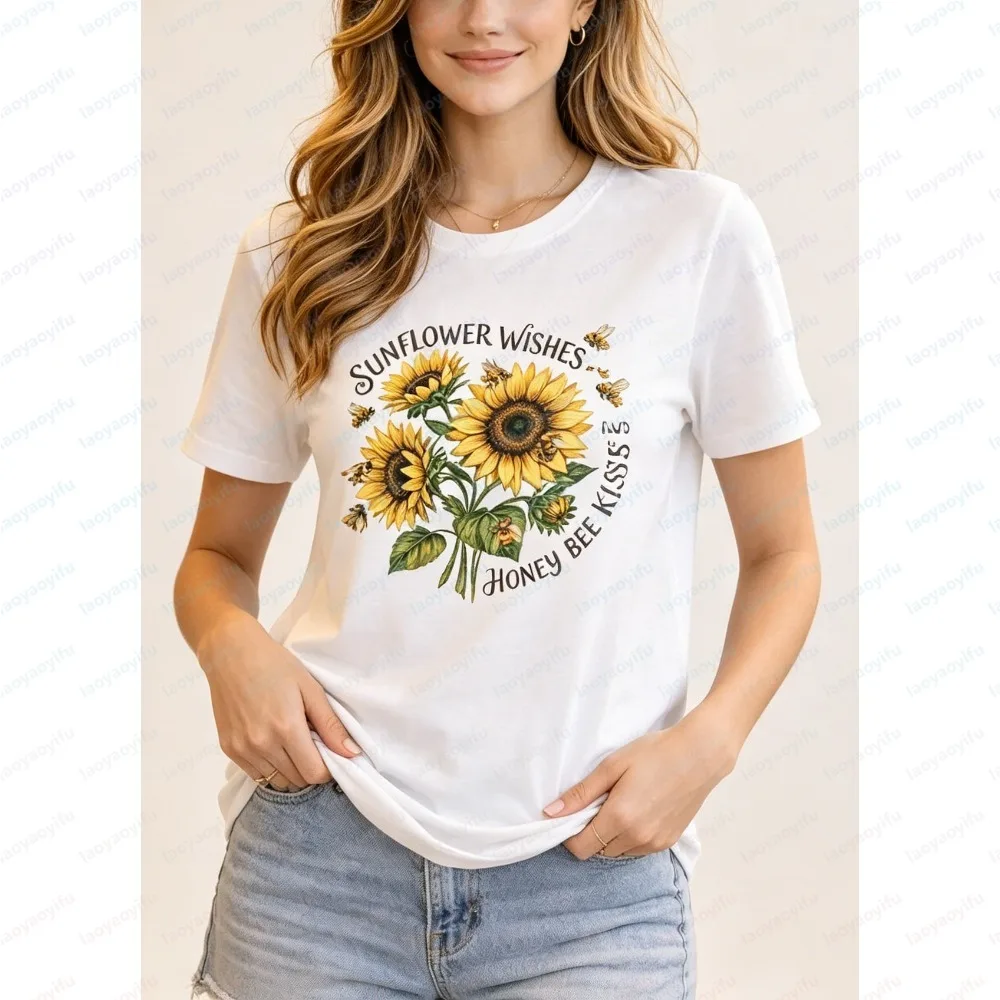 Sunflower Bee Graphic Women T Shirt, Sunflower Wishes Honey Bee Kisses Letter Print Soft Fashion Short Sleeve Ladies Casual Tee