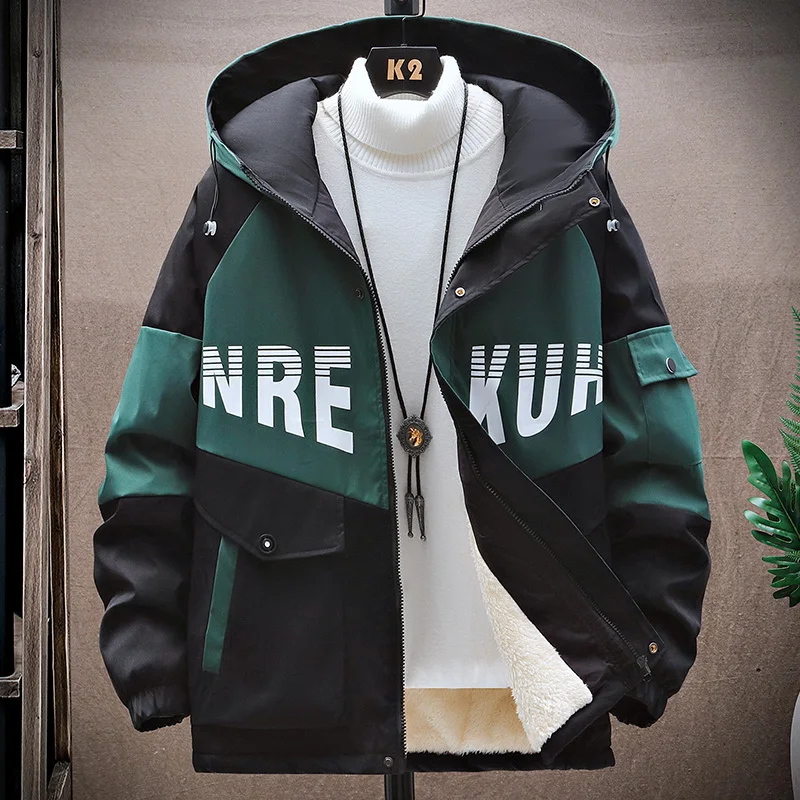 

Fashion Youth Plush And Thicken Liner Hooded Jackets 2025 Autumn Winter Men's Fleece Warm Coats High Streetwear Windproof Parkas
