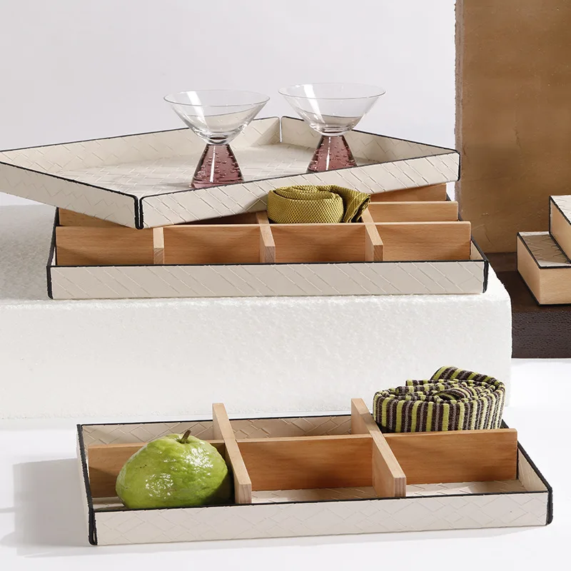 

Leather Wooden Storage Box Fruit Candy Removable Snack Storage Tray Flip Storage