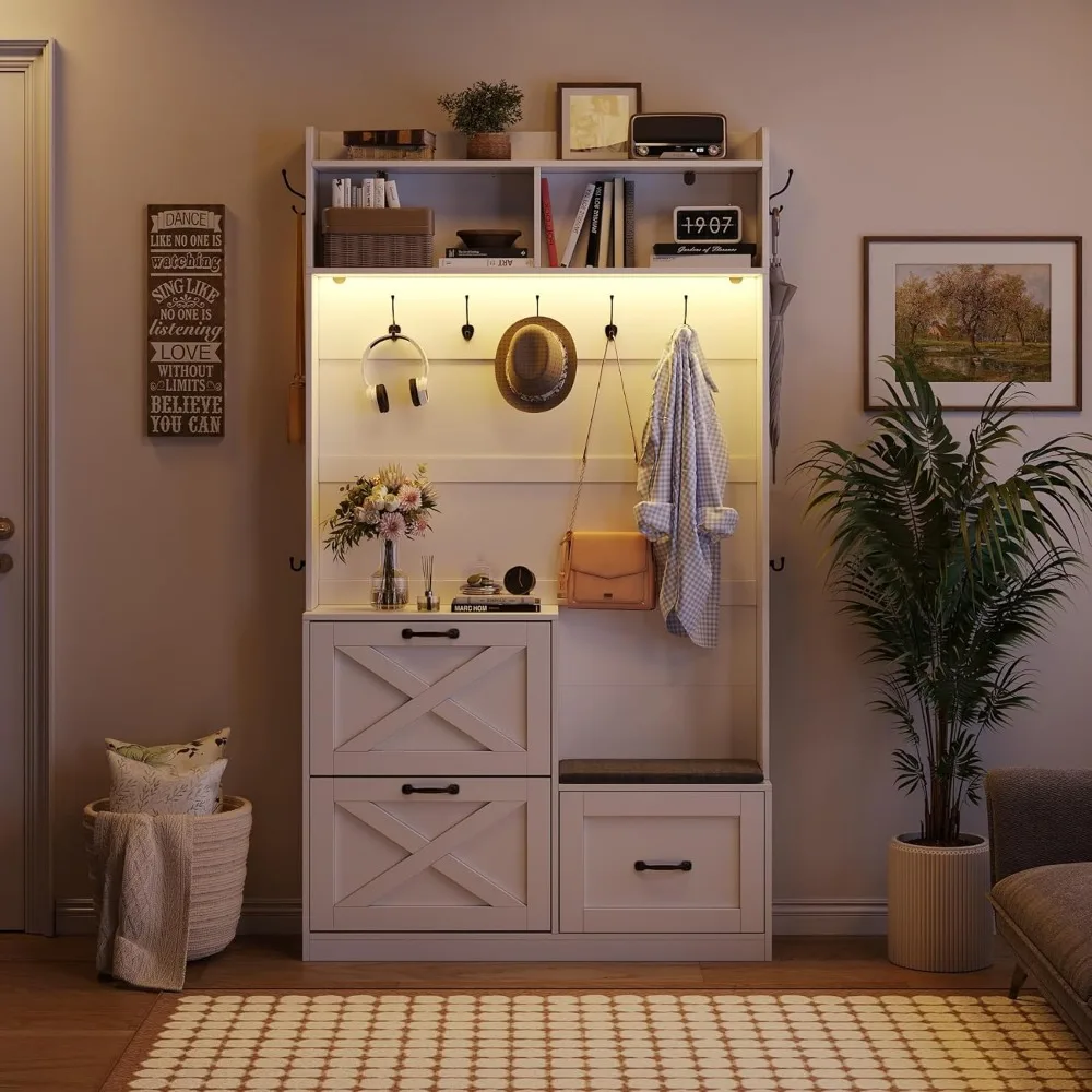 شجرة القاعة مع مساحة تخزين للأحذية، مقعد المدخل، رف المعاطف، أضواء LED، 78 طويلًا، 9 خطافات، تصميم يدوم طويلاً