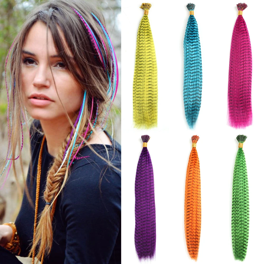 

AZQUEEN Synthetic Feather Hair Extension 10strand/set Fake Hair I Tip Rainbow Feather Hair 16inch Hairpiece Feather