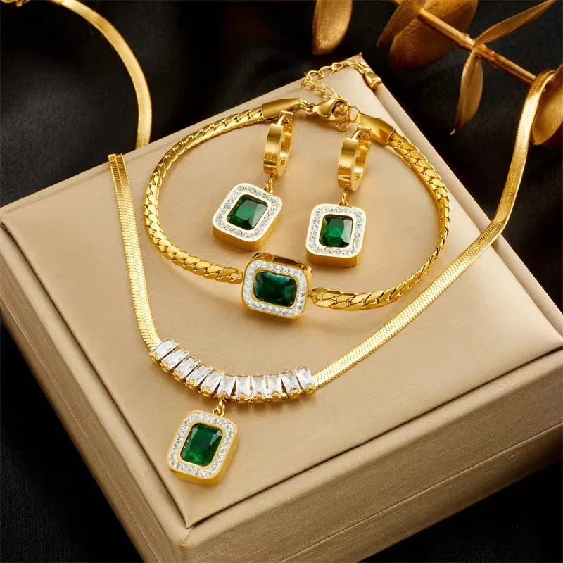 2024 New Square Green Stone With Zircon Pendant Necklace Bracelet Earrings  for Women Gift  Stainless Steel Jewelry Set Party