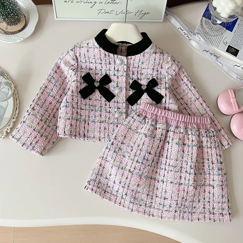 Girls' dress Spring Autumn 2024 new style fashion cute for 2- to 8 year old girl plaid tweed small fragrant wind two-piece set