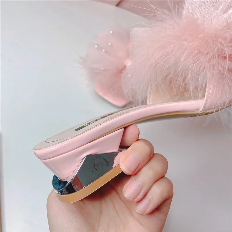 Pearls Beaded Sweet Pink Woman Summer Mules Slippers Fluffy Feather Bow High Heels Fur Sandals Peep Toe Ladies Slides Shoes