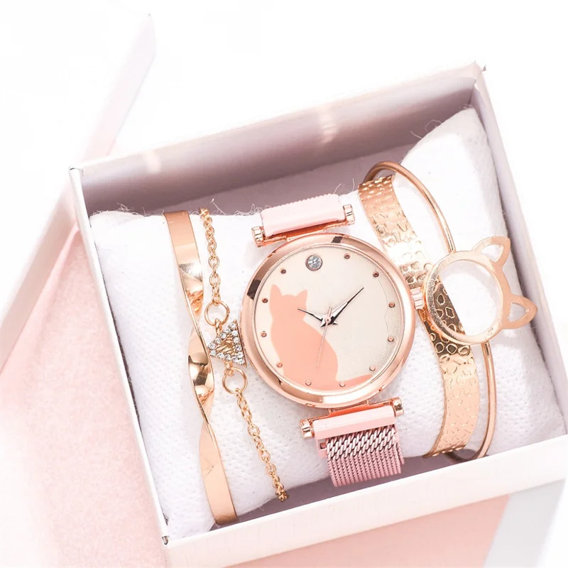 5pcs Set Luxury Women Watches Rose Gold Bracelet Set Cat Pattern Magnet Quartz Watch Ladies Bracelet Wristwatch Relogio Feminino