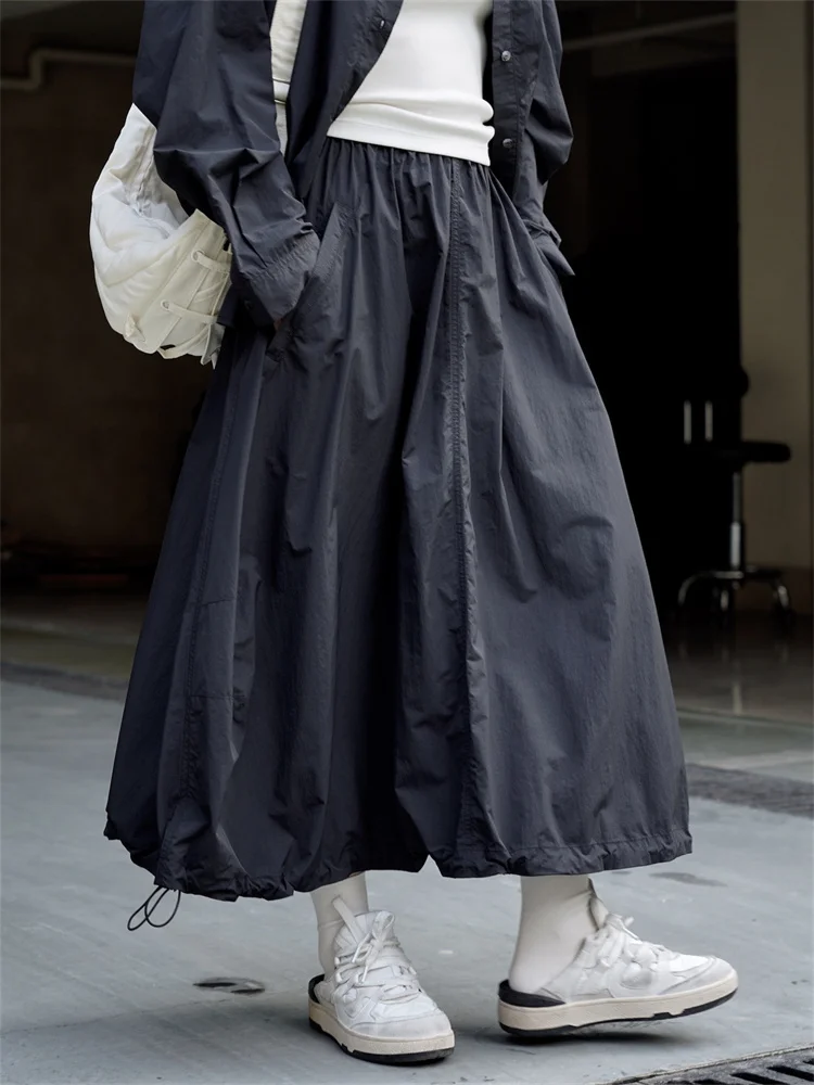 Drawstring Loose Breathable Umbrella Skirt A-line Midi Skirt Black/Khaki Spring Summer Outdoor High Waist Skirt